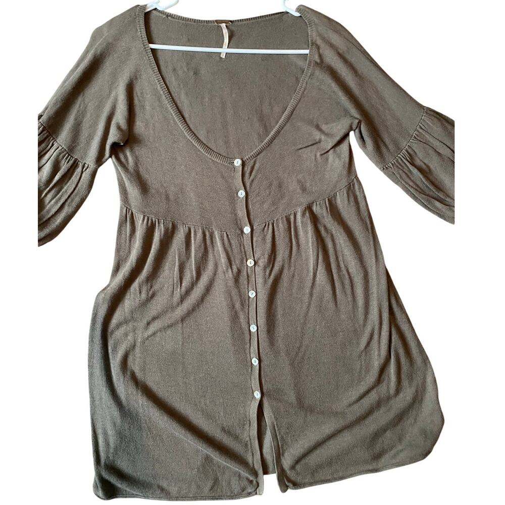 Free People Knit Button Front Babydoll Top Large Taupe Cotton Modal Y2K 2000s - Picture 3 of 7